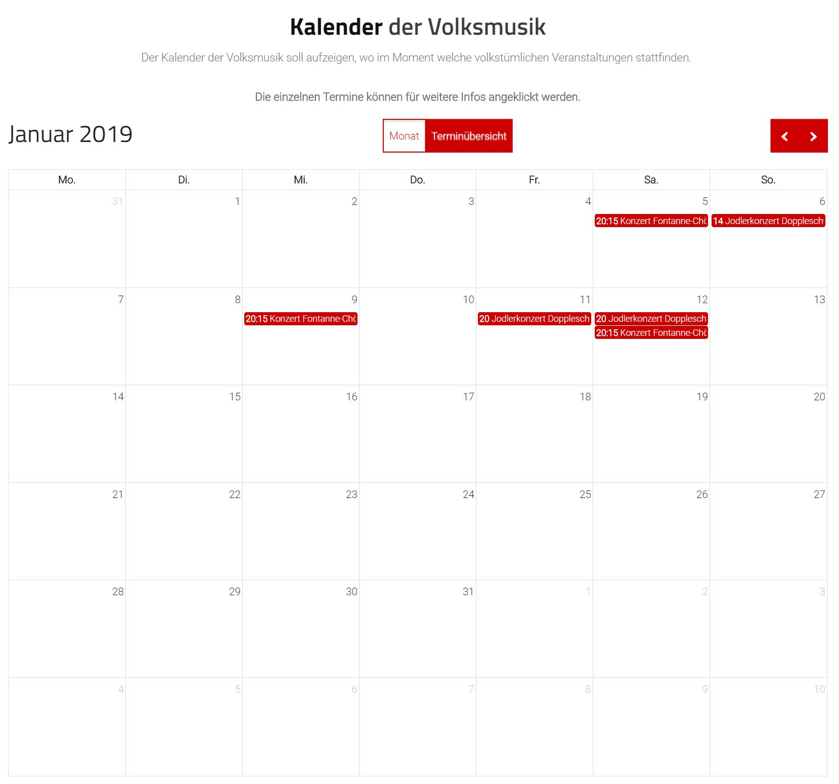 Bildliche Darstellung von Bild der neuen Kalenderansicht. Die roten Termine können angeklickt werden um weitere Details zu erfahren. (Bild anklicken zum Vergrössern)
